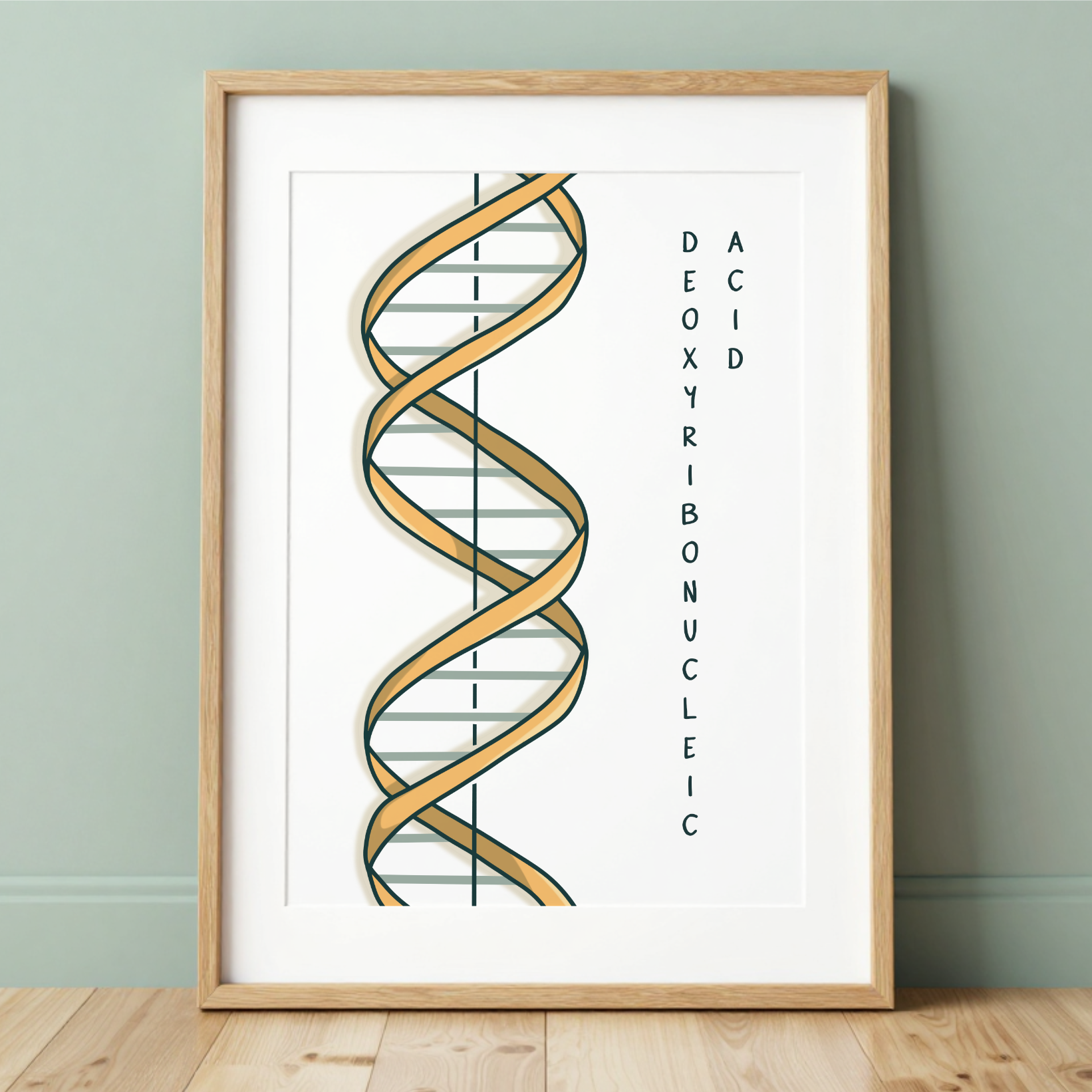 Plakat naukowy przedstawiający model podwójnej helisy DNA Watsona i Cricka w minimalistycznym stylu