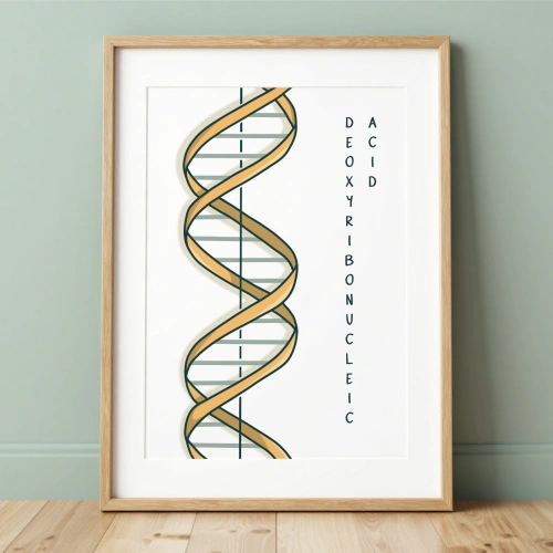Plakat naukowy przedstawiający model podwójnej helisy DNA Watsona i Cricka w minimalistycznym stylu