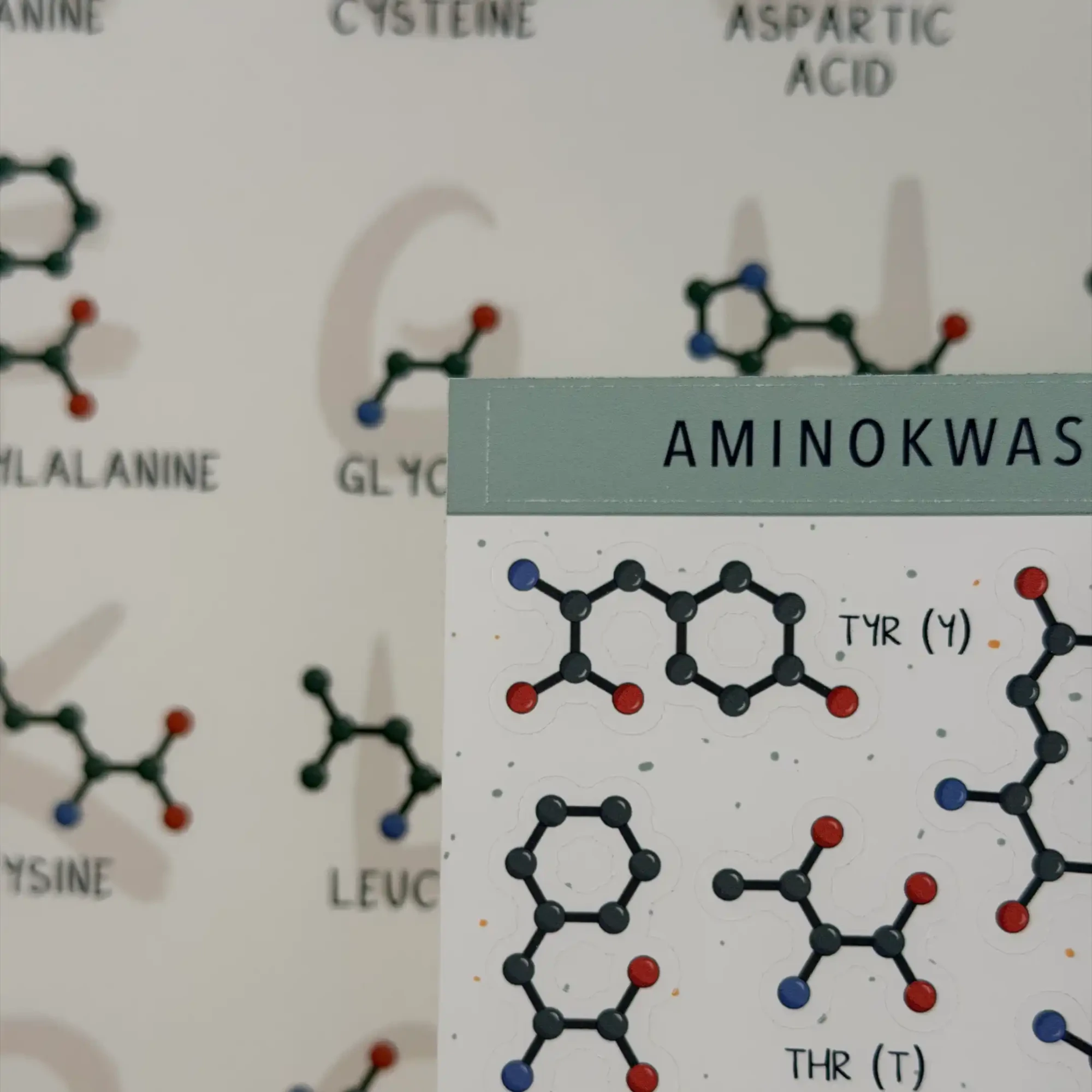 Stylowa naklejka z cząsteczką aminokwasu – idealny detal dla chemika i biologa.