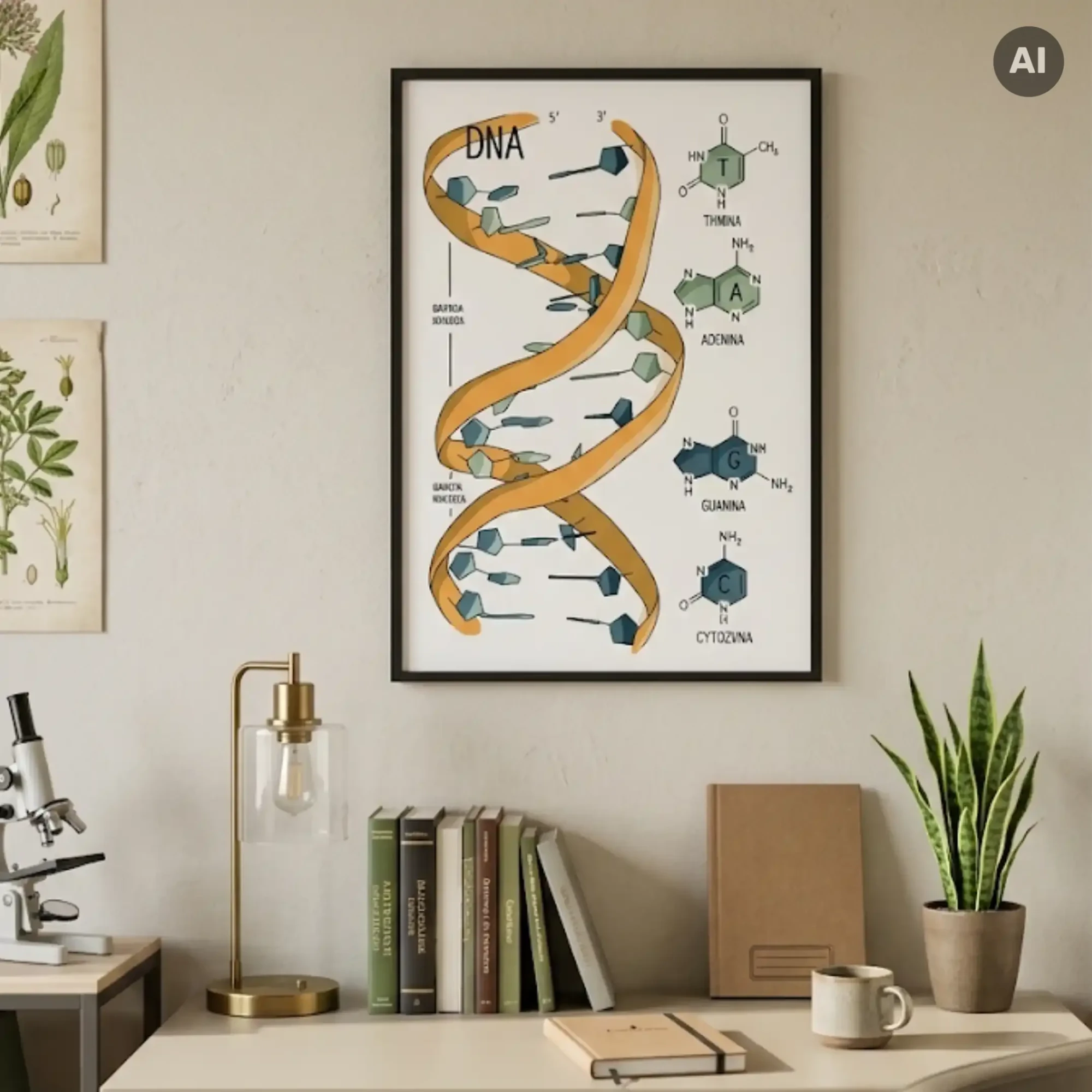Naukowy plakat ze strukturą DNA oprawiony w ramę, wiszący na ścianie w nowoczesnym gabinecie lub pracowni.
