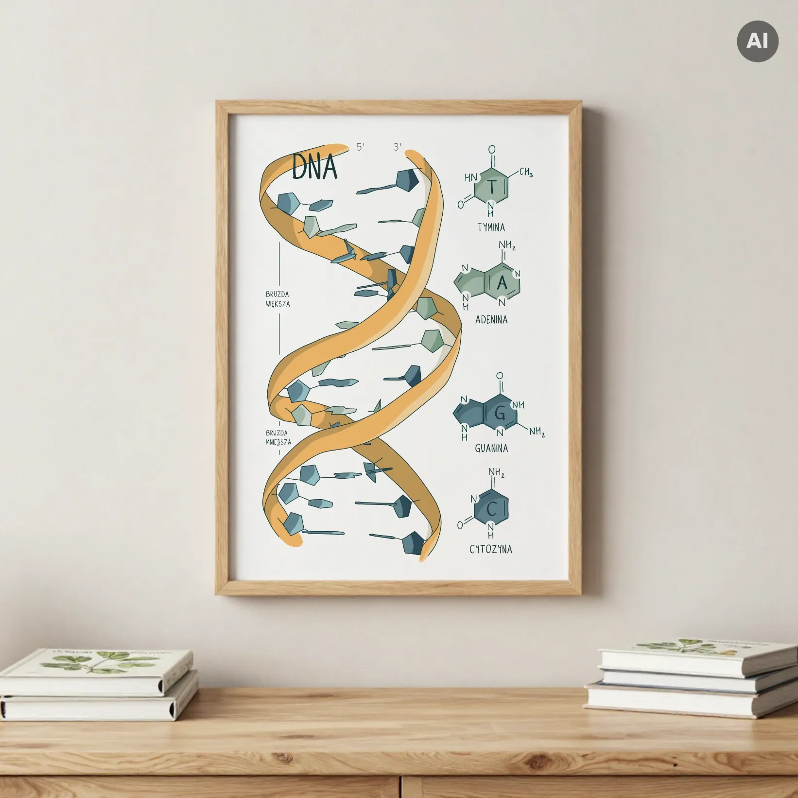 Naukowy plakat ze strukturą DNA oprawiony w ramę, wiszący na ścianie w nowoczesnym gabinecie lub pracowni.