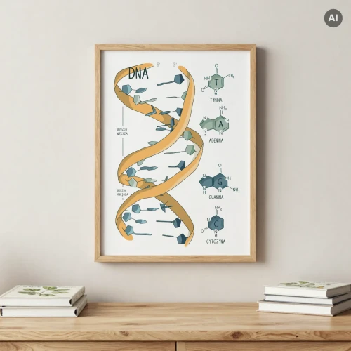 Naukowy plakat ze strukturą DNA oprawiony w ramę, wiszący na ścianie w nowoczesnym gabinecie lub pracowni.